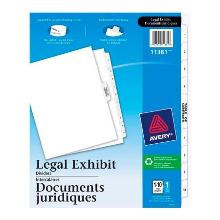 Avery Dennison Avery Premium Collated Legal Exhibit Divider, Printed 1 to 10, 8.5"x11", 11 Tabs, White/White 11381